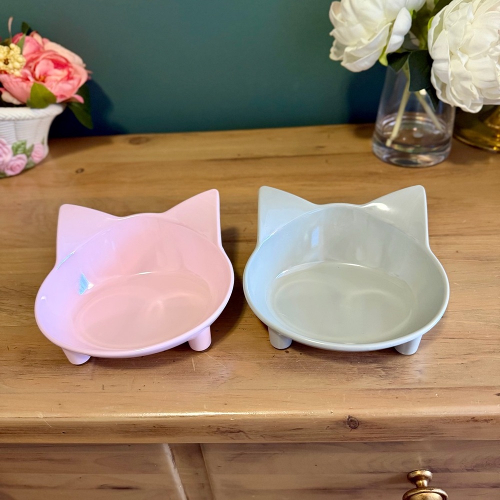 Pastel Cat Bowl Set Raised Kitty Ear Dishes Pink Gray Elevated Feeder Bowls